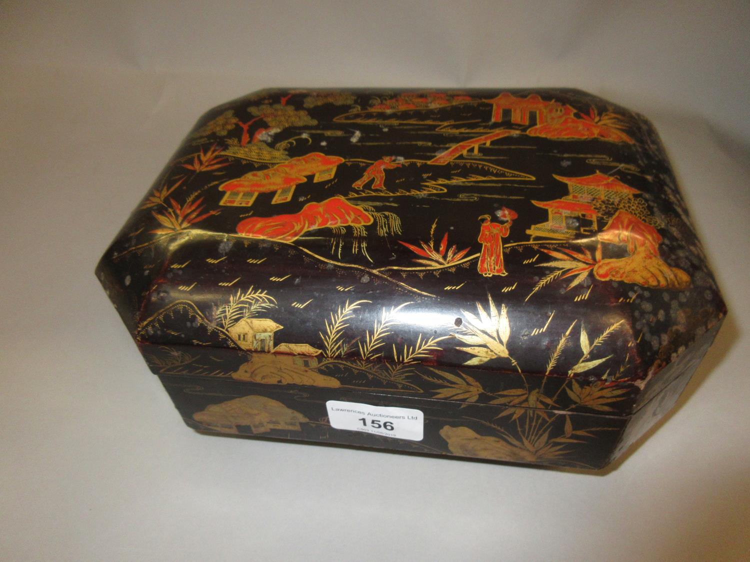 19th Century black cloisonne octagonal work box, the hinged cover enclosing a fitted interior with