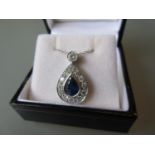 Good quality modern sapphire and diamond tear drop pendant on an 18ct white gold chain, the