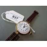 1920's circular Continental 18ct gold cased chronograph wristwatch, the enamel dial with Arabic