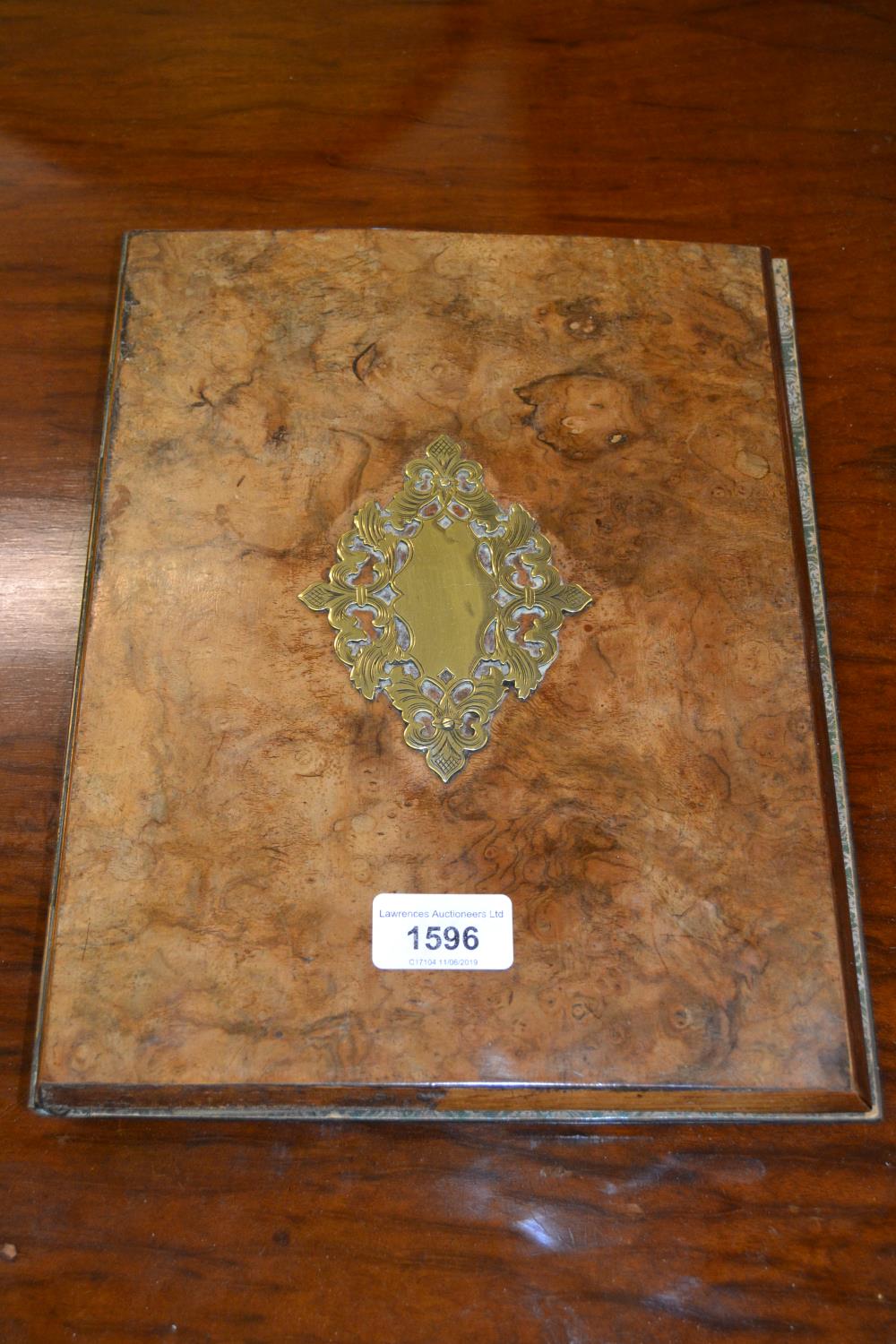 Victorian figured walnut book cover with pierced brass decoration