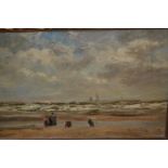 Amedee Degreef signed oil on canvas, coastal landscape with fisherfolk on a beach, dated 1907, 10ins