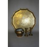 Brass Benares type tray, pair of similar candlesticks and a similar brass bowl