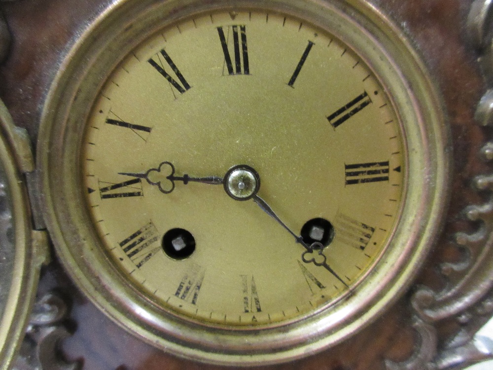 Small late 19th Century French beechwood and figured walnut two train mantel clock with patinated - Image 2 of 4