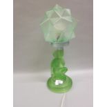 Art Deco green frosted glass figural table lamp with shade