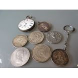 Silver cased open face key wind pocket watch together with a small quantity of various coins