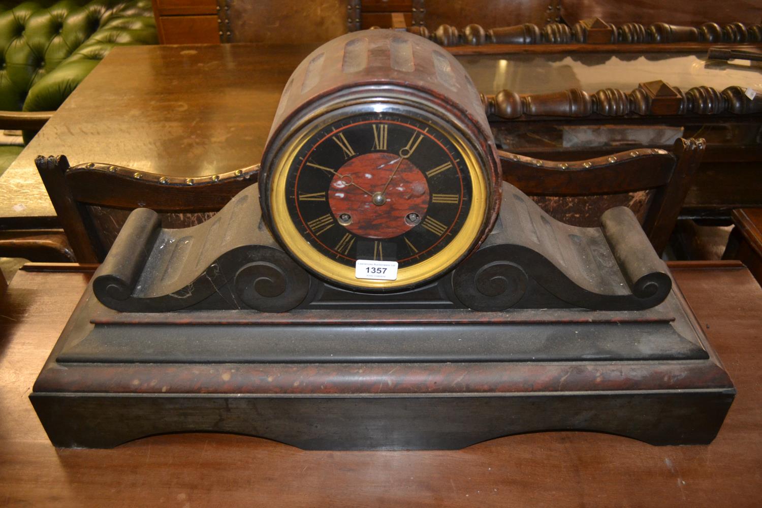 Large 19th Century black slate and rouge marble drum form mantel clock, the black slate and rouge