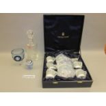 Cased set of six Wedgwood Florentine pattern coffee cups with saucers, Wedgwood glass goblet