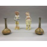 Pair of Royal Doulton stoneware bottle vases together with a pair of bisque figures