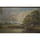 Early 19th Century oil on mahogany panel, rural loch scene with figures and distant church, in a
