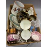 Three copper lustre jugs, similar teapot, quantity of 19th Century teaware etc.