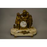 19th Century French ormolu and marble mantel clock surmounted by figures reading from a book (