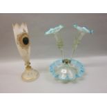 Victorian glass two branch part epergne together with a Victorian white opaque glass vase