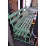 Early 20th Century green painted iron scroll work slatted wooden garden bench (at fault)