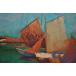 20th Century Continental oil on canvas, study of red sail boats, indistinctly signed, unframed,