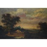 Early 19th Century oil on panel, landscape at sunset with figures by a cottage, 9.5ins x 13.5ins