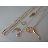 9ct Gold rope link chain, a 9ct gold fish pendant on chain, two small 9ct gold pendants on a