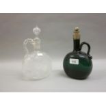 19th Century etched glass decanter with stopper, similar green glass decanter with plated mounts