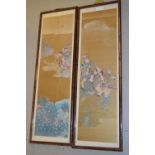 Set of twelve Chinese framed coloured prints, various figures in landscapes, each 25.5ins x 7ins,