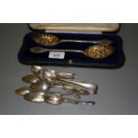 Cased pair of silver berry spoons and various other silver tea and coffee spoons