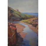 J. R. Clark oil on board, river estuary scene with fishermen's cottages, signed verso, 17.5ins x