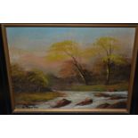 A. Burton, pair of small oil paintings on board, river landscapes, together with an oil on board,