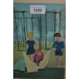 Framed gouache painting, children with toy boats by a lake, signed ' Hislop ', 9ins x 6.5ins