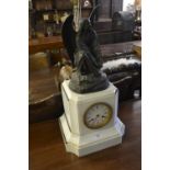 19th Century French white marble and spelter mounted mantel clock, the pillar shaped case with an