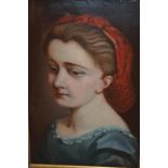 19th Century oil on millboard, head and shoulder portrait of a child in a blue dress, 15ins x 10ins