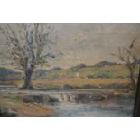 Oil on board, river landscape, inscribed on label remnant verso, ' Bertram Nicholls ', oak framed,