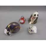 Group of four various Royal Crown Derby paperweights (the group including the robin is at fault)