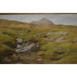 Charles Jones oil on millboard, extensive moorland landscape with stream, signed and dated 1863