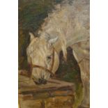 Anton Lock, oil on panel, horse at a trough (signed verso), together with three watercolours,