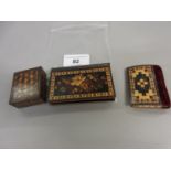 Tunbridge ware stamp box with inlaid parquetry design, Tunbridge ware needle case with geometric