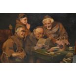 19th Century oil on canvas, seated monks reading a book, unframed, unsigned, 18ins x 22ins