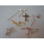 9ct Yellow gold crucifix, two pearl set pins and various chains