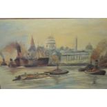 Joseph Furnell signed oil on board, shipping on the Thames near St. Pauls, inscribed verso ' The