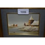 Small gilt framed oil on metal panel, winter river landscape with buildings, signed indistinctly,