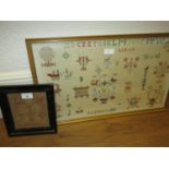 Small 19th Century needlework sampler in an ebonised frame, 6ins x 5ins and a larger framed