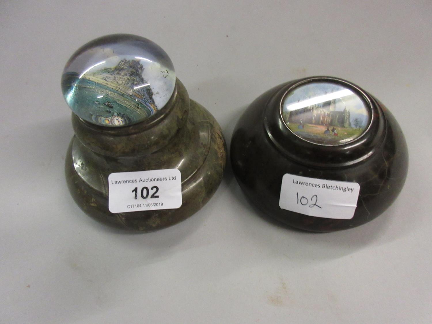 Two 19th Century glass and serpentine paperweights, Gloucester Cathedral and St. Michael's Mount