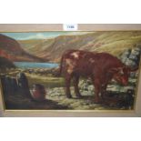 J.C. Maggs, 19th Century oil on canvas, study of a calf feeding before a loch in a moutainous