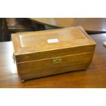19th Century rosewood and boxwood line inlaid sarcophagus shaped tea caddy with three division
