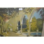 W.A. Lambrecht, signed lithograph, figures in a cloister beside a pool, 17ins x 23ins, framed