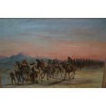 20th Century oil on canvas laid onto board, Middle Eastern scene of an Arab army on camel back,