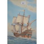 J. Millington, watercolour, an English 16th Century galleon under full sail, signed, 20ins x