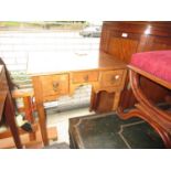 Small antique mahogany lowboy, the associated oak top above three drawers on tapering supports