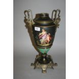 19th Century French bronze mounted porcelain oil lamp base painted with figures (at fault)