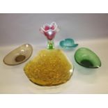 Multi coloured Art Glass vase, Art Glass dish, pair of glass dishes and a large moulded glass