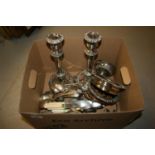 Pair of 19th Century plate on copper candlesticks, a modern plated three light candelabra, pair of