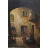 Early 20th century oil on board, figures in a sunlit courtyard, 15.5ins x 11.5ins