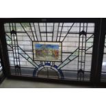 Modern leaded and coloured glass overdoor in Art Deco style, the centre panel decorated with a